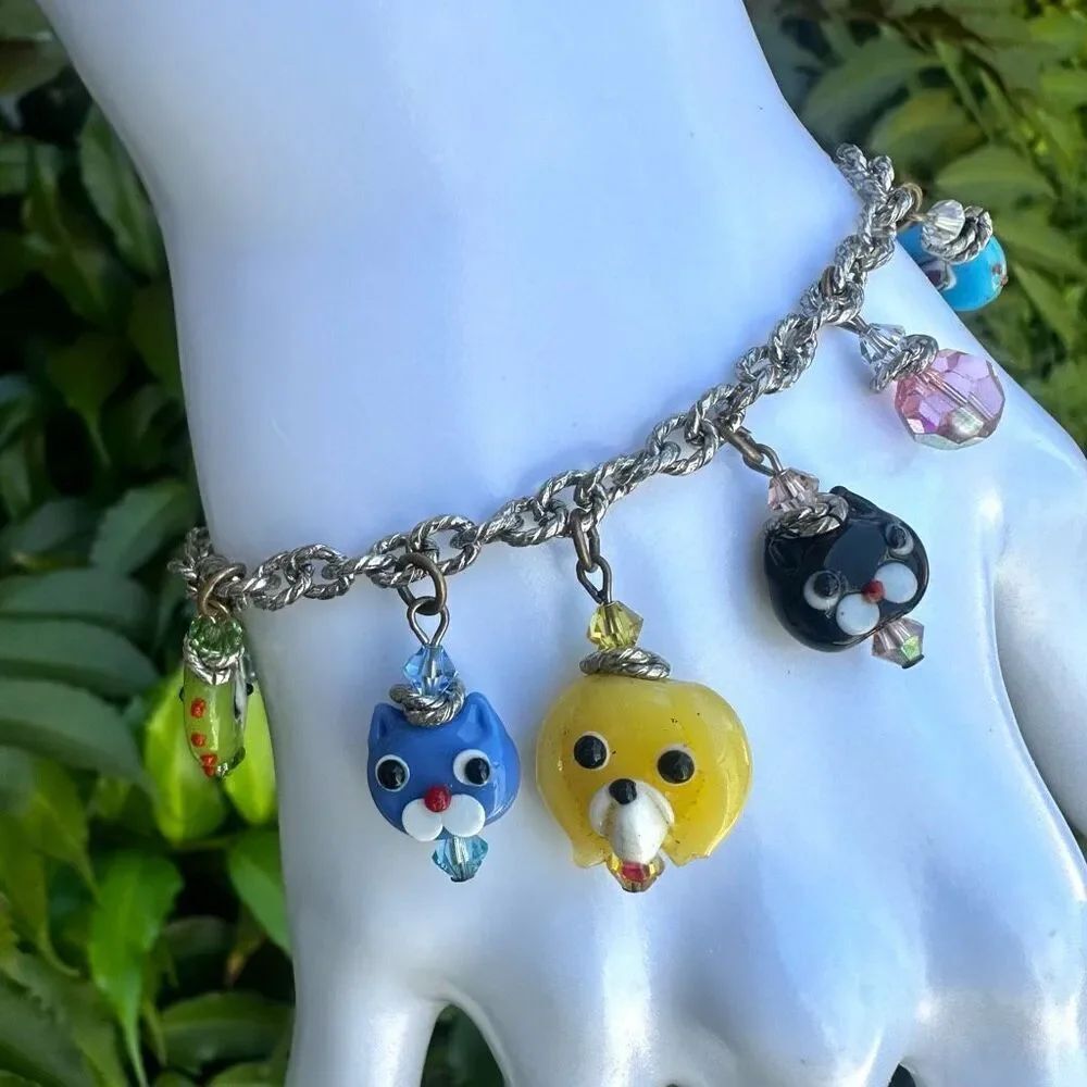 Lanpwork cat beaded crystal charm bracelet